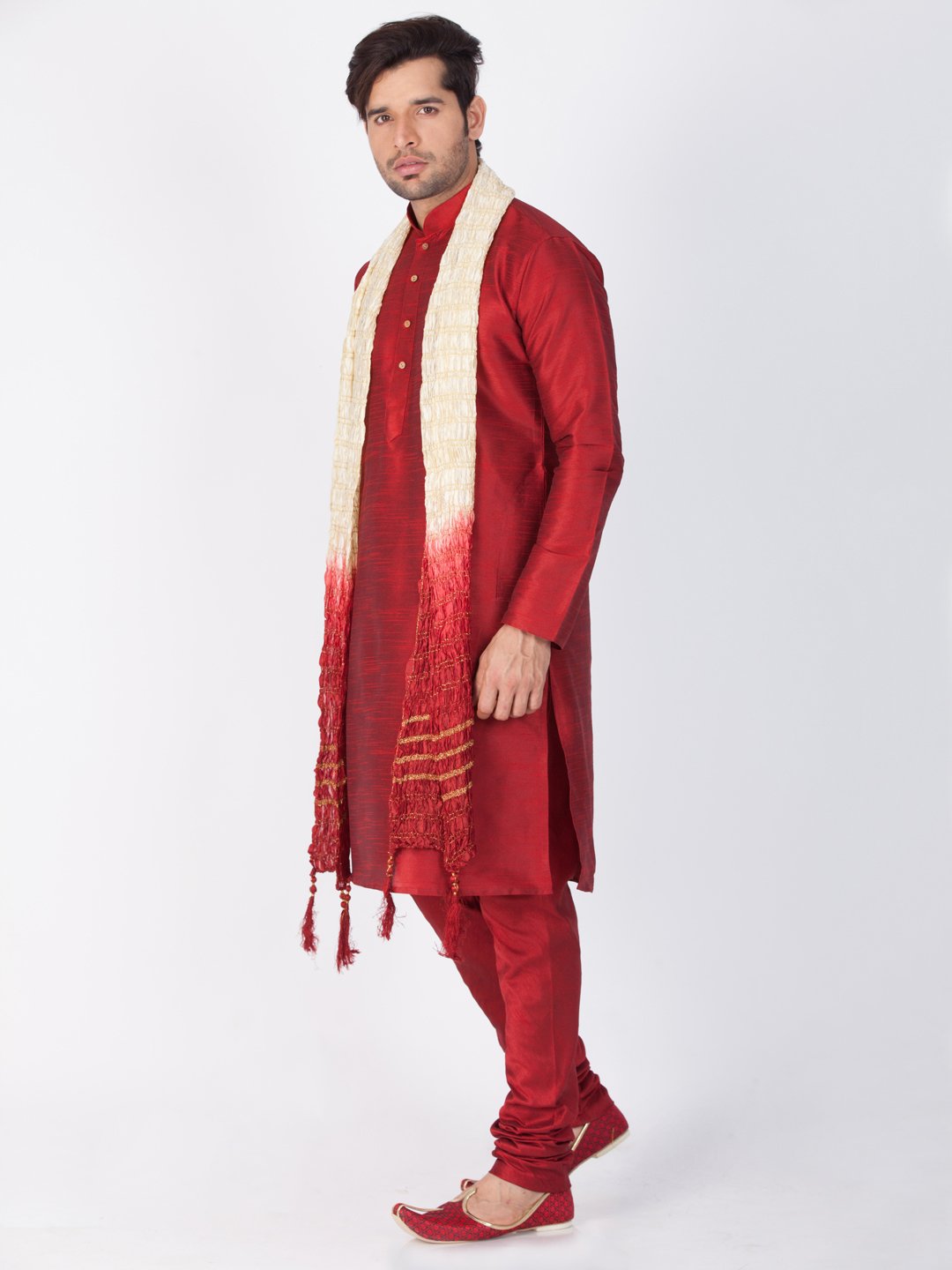 Men's Maroon Cotton Silk Blend Kurta, Pyjama &amp; Dupatta Set
