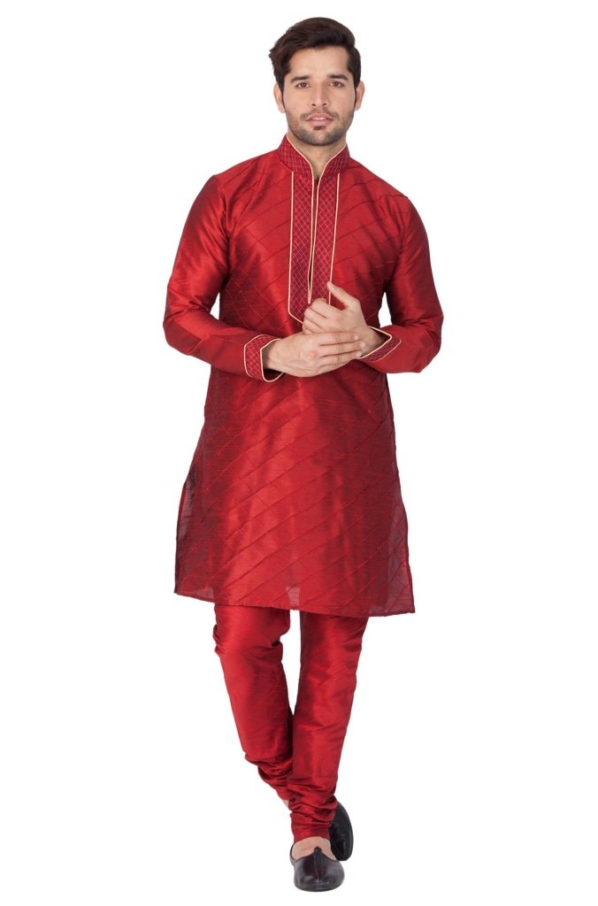 Men's Maroon Cotton Silk Blend Kurta