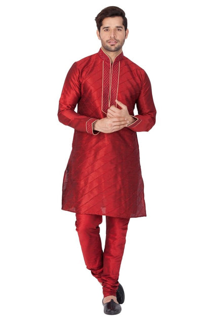 Men's Maroon Cotton Silk Blend Kurta