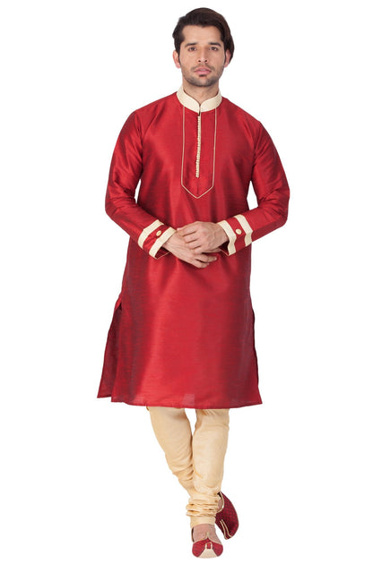 Men's Maroon Cotton Silk Blend Kurta