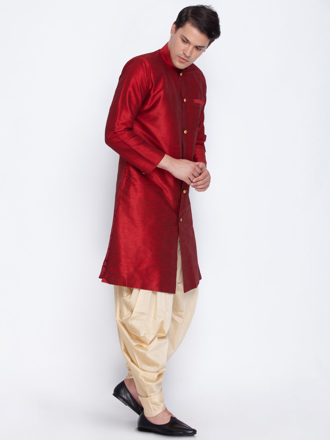 Men's Maroon Cotton Silk Blend Sherwani Set