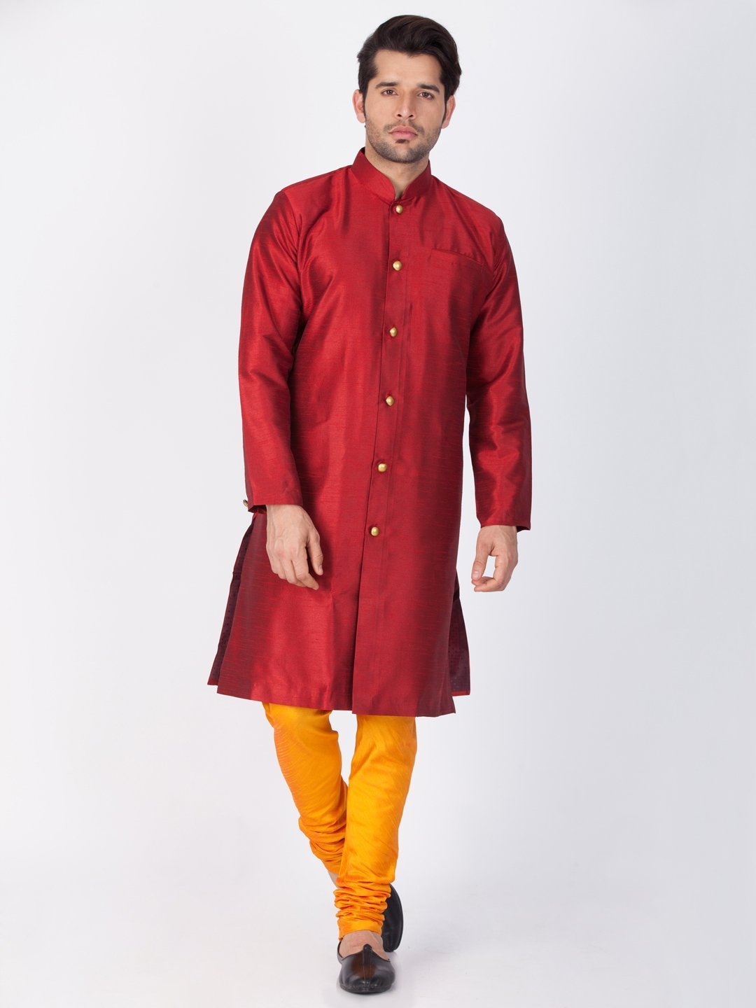 Men's Maroon Cotton Silk Blend Sherwani Set