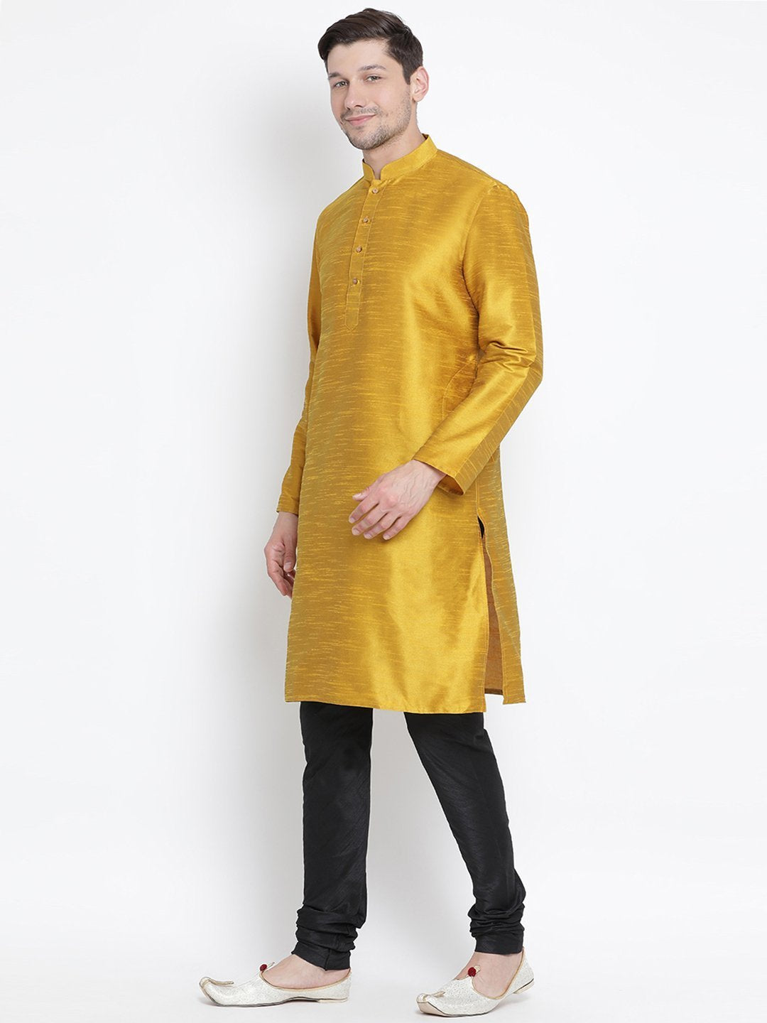 Men's Yellow Cotton Silk Blend Kurta and Pyjama Set