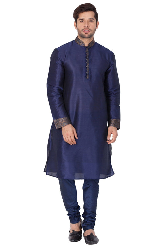 Men's Blue Cotton Silk Blend Kurta and Pyjama Set