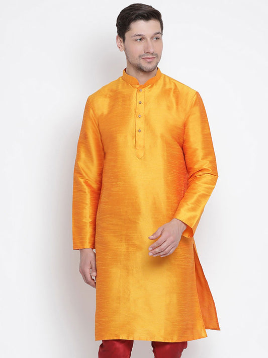 Men's Orange Cotton Silk Blend Kurta
