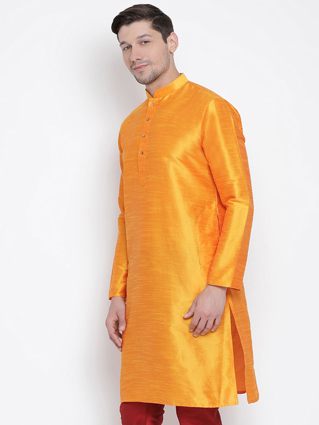 Men's Orange Cotton Silk Blend Kurta