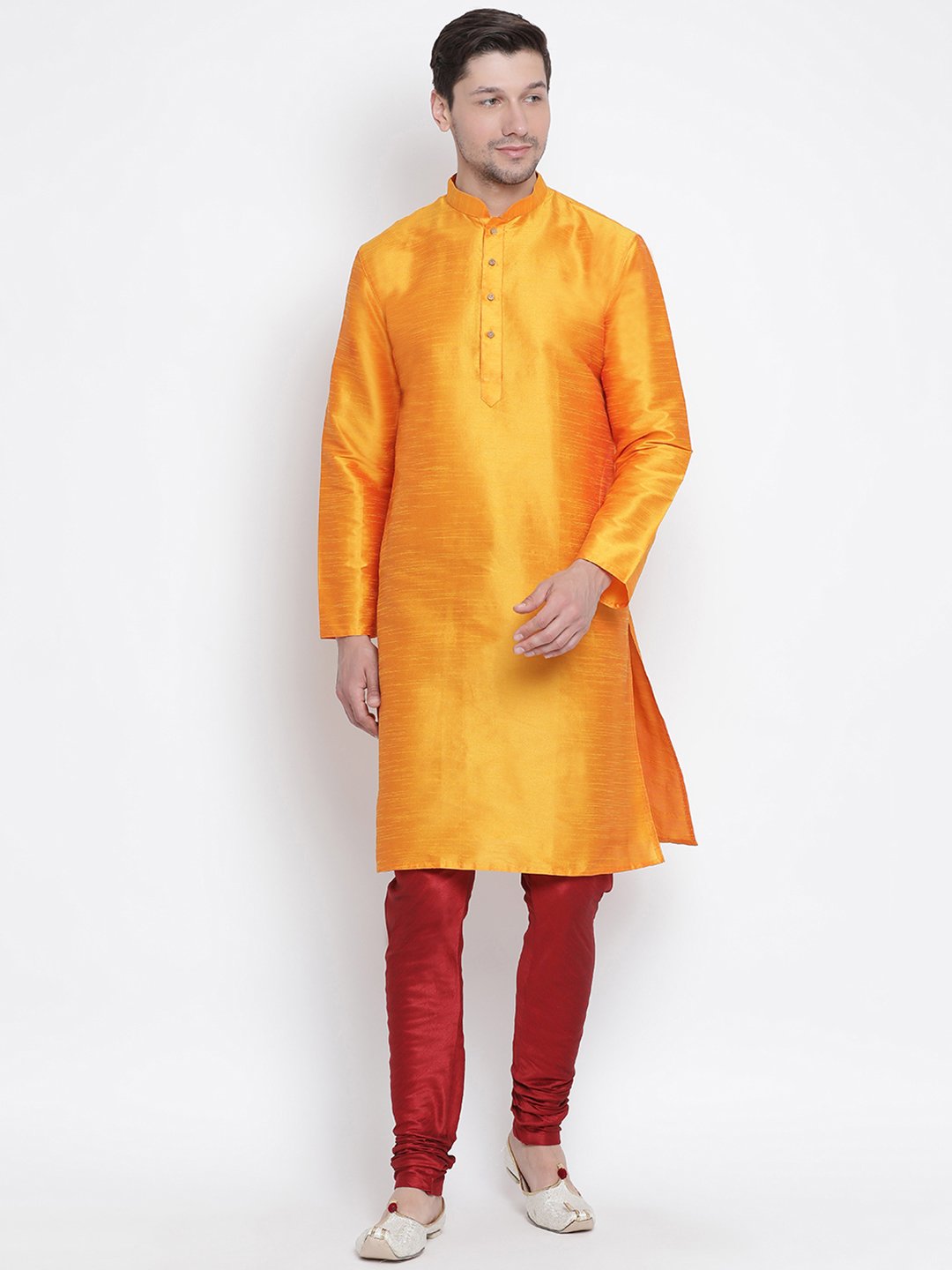 Men's Orange Cotton Silk Blend Kurta