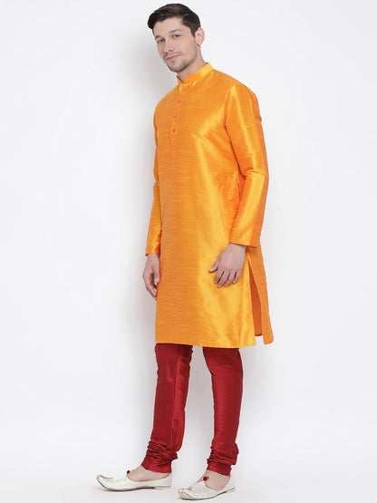 Men's Orange Cotton Silk Blend Kurta and Pyjama Set