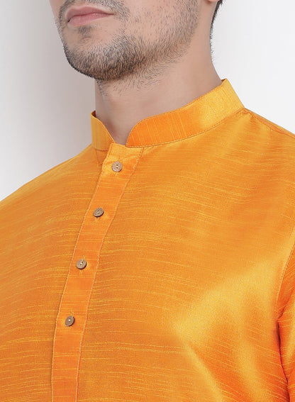 Men's Orange Cotton Silk Blend Kurta and Pyjama Set