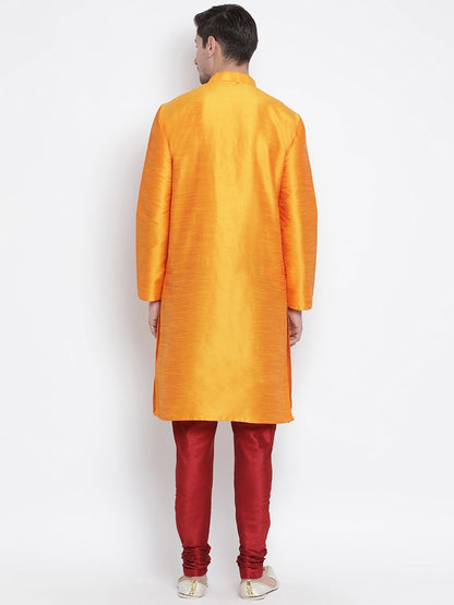 Men's Orange Cotton Silk Blend Kurta and Pyjama Set