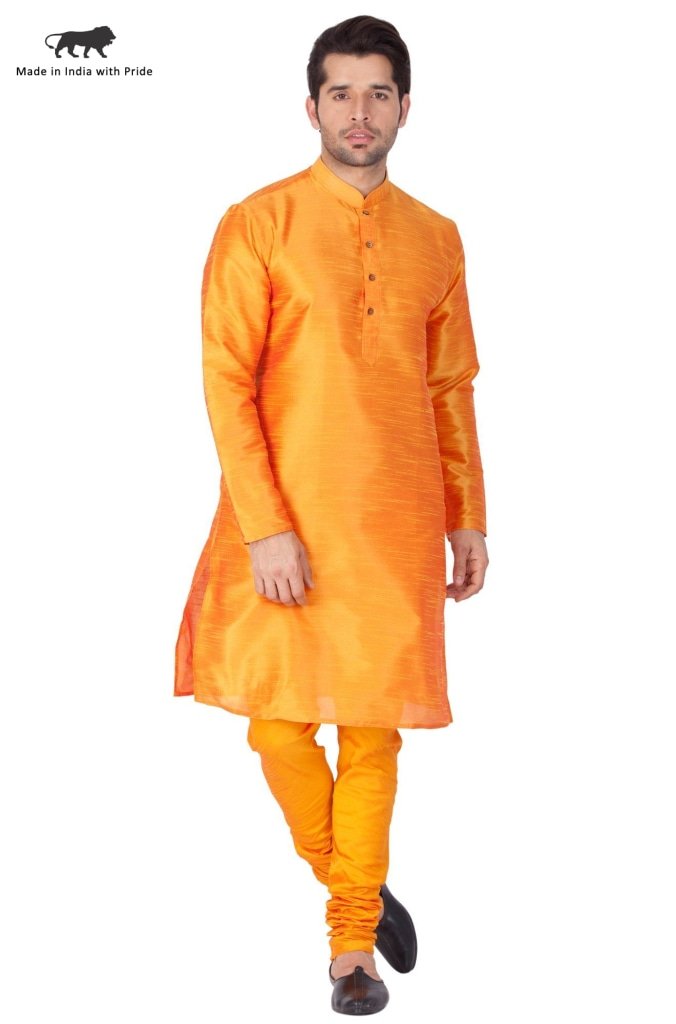 Men's Orange Cotton Silk Blend Kurta and Pyjama Set