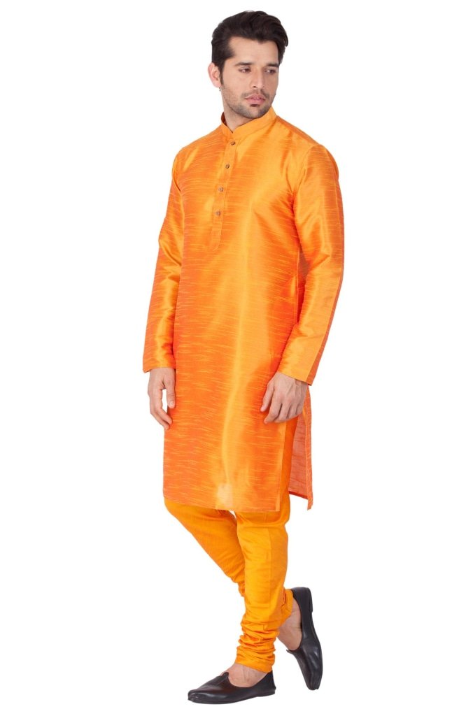 Men's Orange Cotton Silk Blend Kurta and Pyjama Set