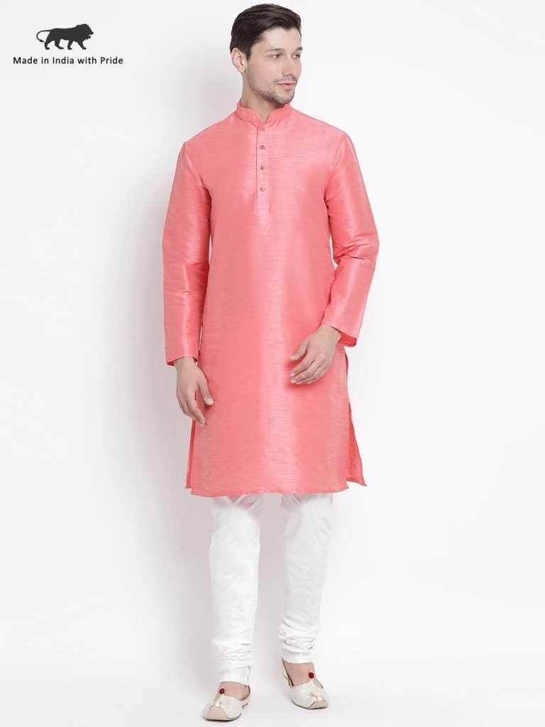 Men's Pink Cotton Silk Blend Kurta and Pyjama Set