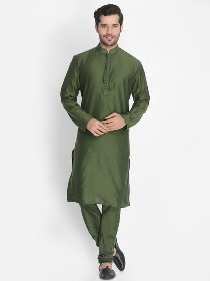 Men's Green Cotton Silk Blend Kurta and Pyjama Set