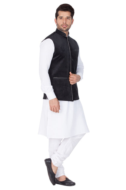 Men's White Cotton Kurta, Ethnic Jacket and Pyjama Set