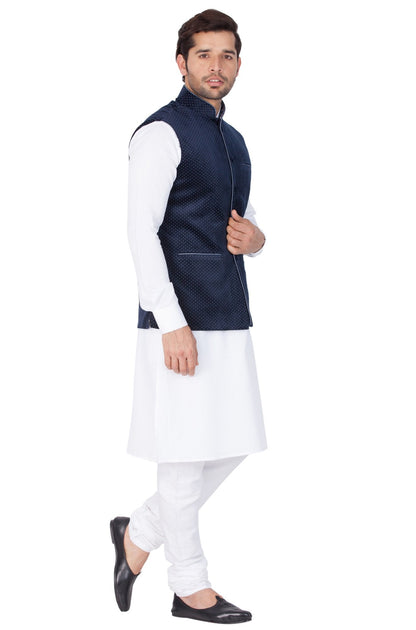 Men's White Cotton Kurta, Ethnic Jacket and Pyjama Set