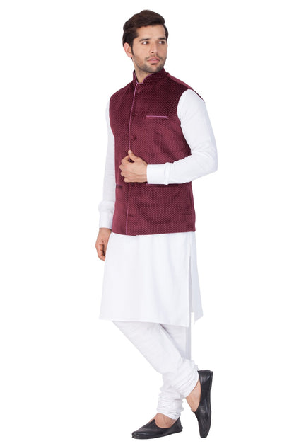 Men's White Cotton Kurta, Ethnic Jacket and Pyjama Set