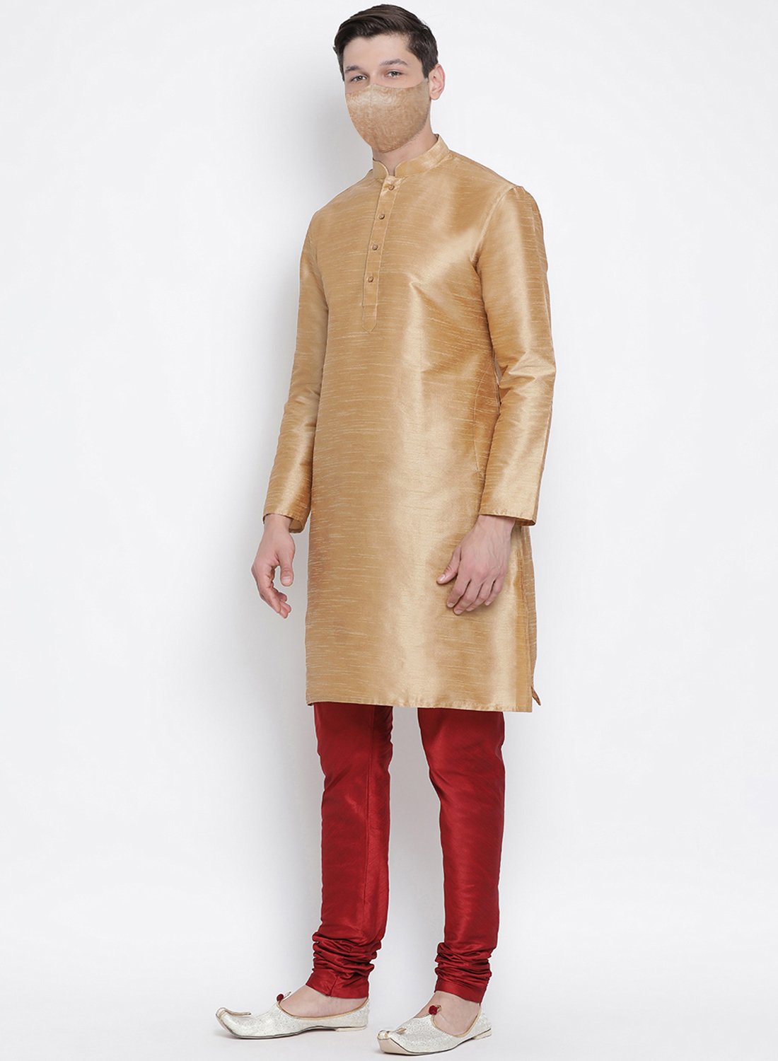 Men's Gold Cotton Silk Blend Kurta and Pyjama Set