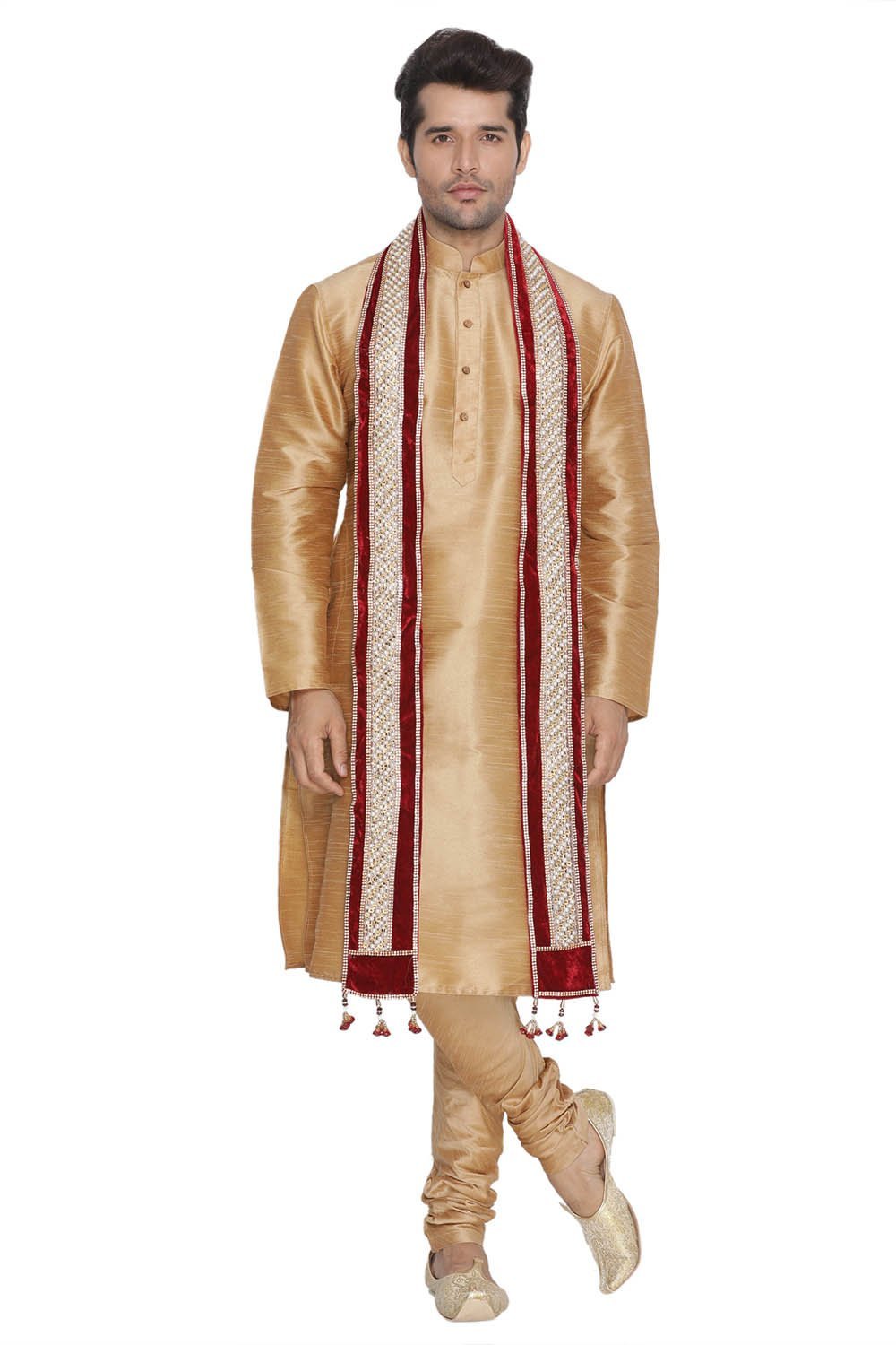 Men's Gold Cotton Silk Blend Kurta, Pyjama &amp; Dupatta Set