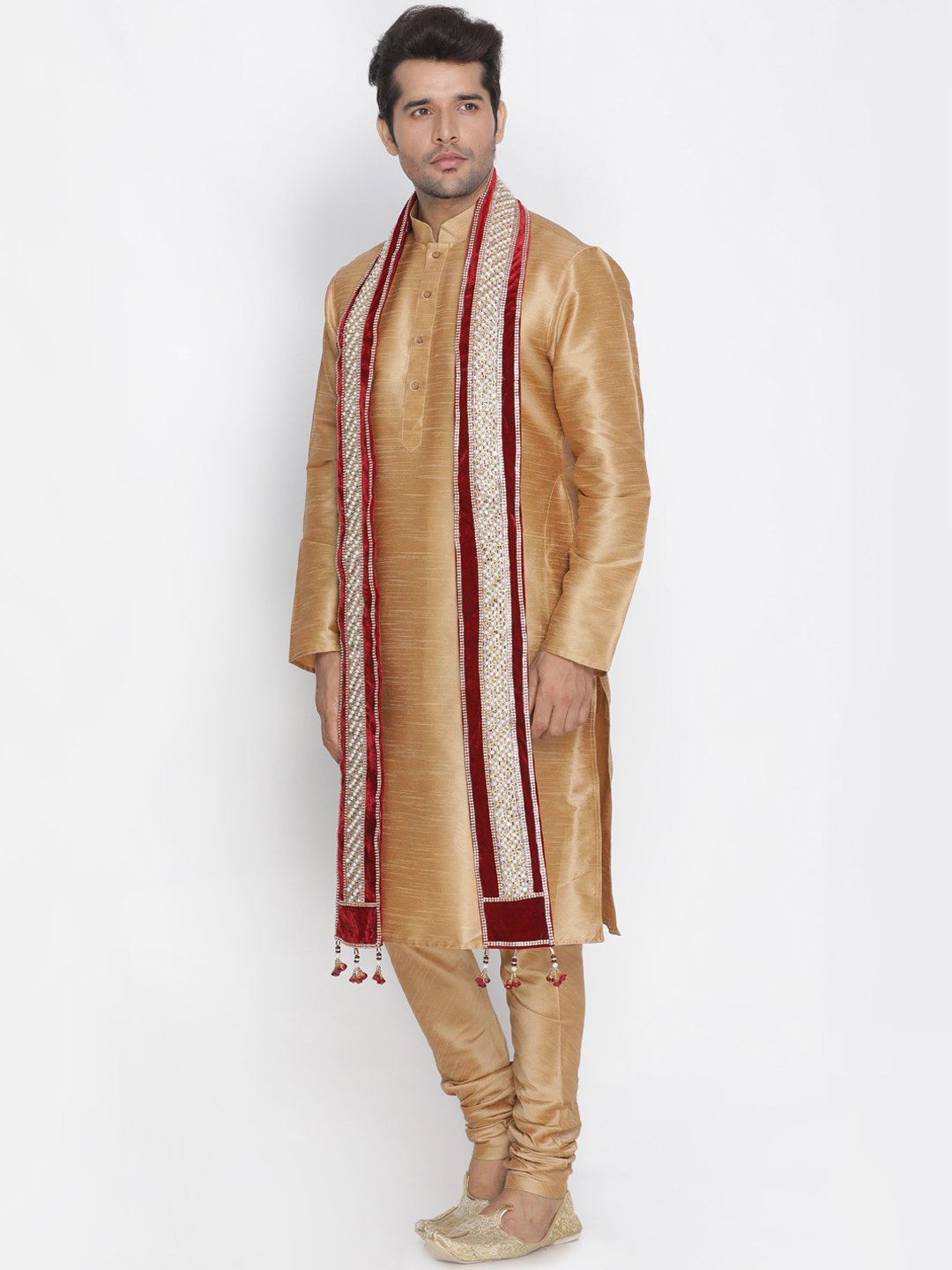 Men's Gold Cotton Silk Blend Kurta, Pyjama &amp; Dupatta Set