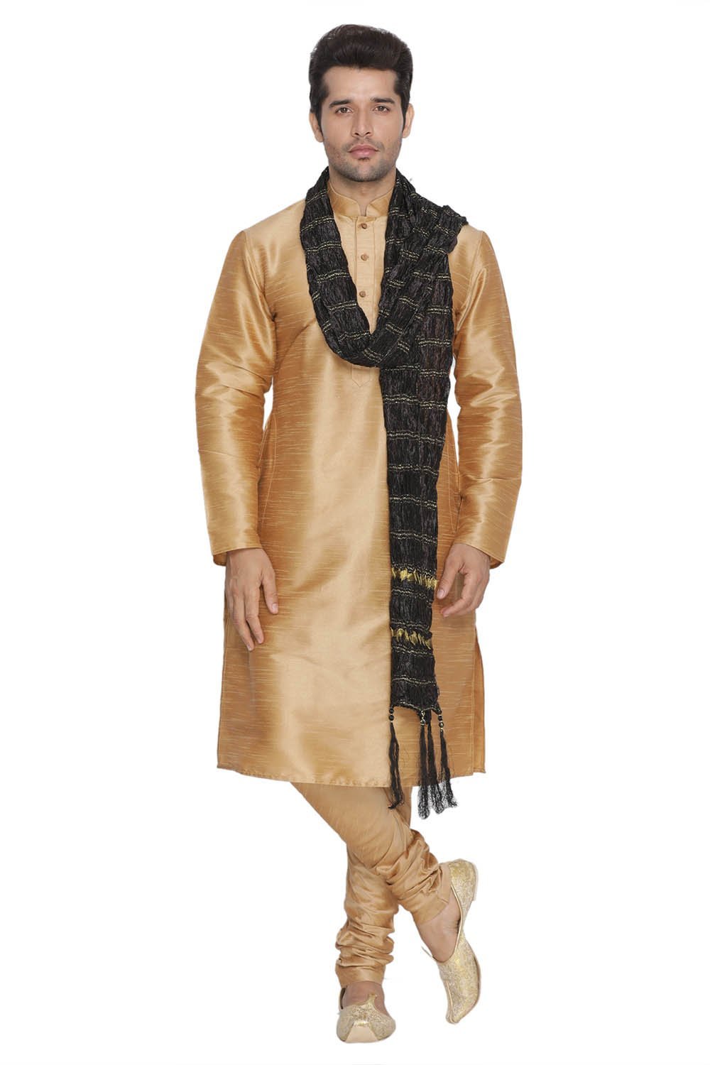 Men's Gold Cotton Silk Blend Kurta, Pyjama &amp; Dupatta Set