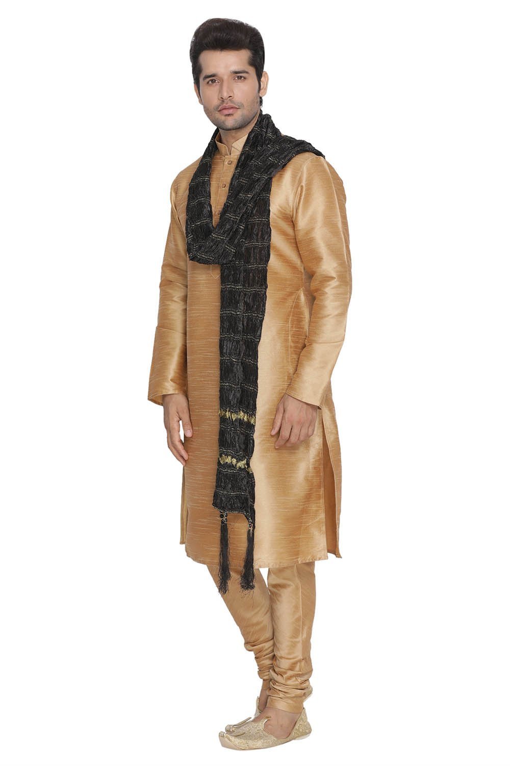 Men's Gold Cotton Silk Blend Kurta, Pyjama &amp; Dupatta Set