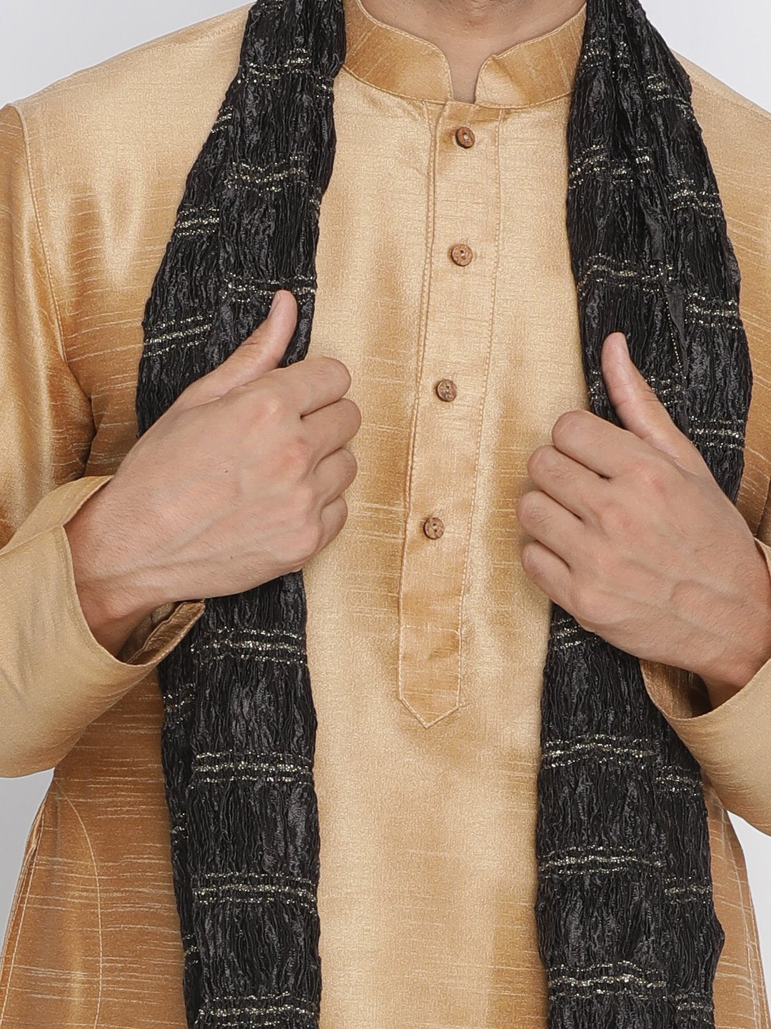Men's Gold Cotton Silk Blend Kurta, Pyjama &amp; Dupatta Set