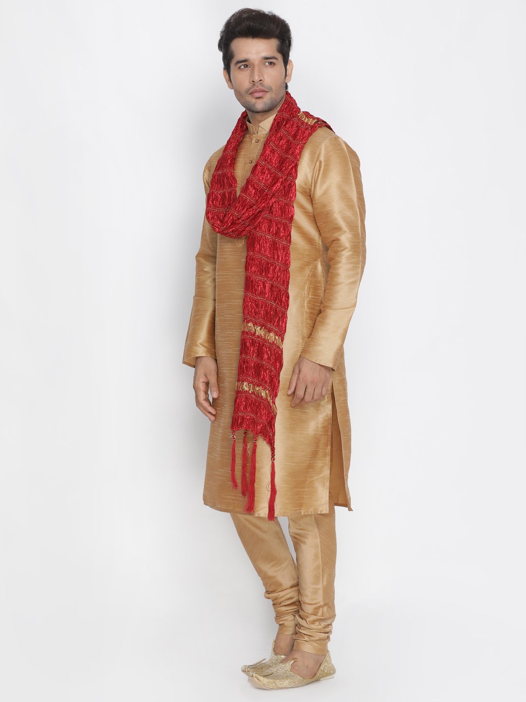 Men's Gold Cotton Silk Blend Kurta, Pyjama &amp; Dupatta Set