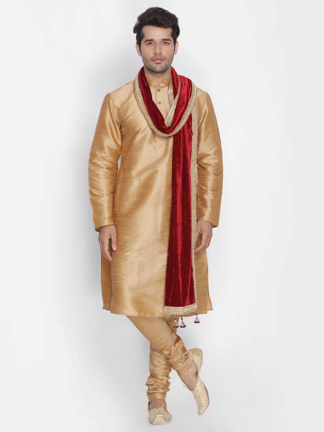 Men's Gold Cotton Silk Blend Kurta, Pyjama &amp; Dupatta Set