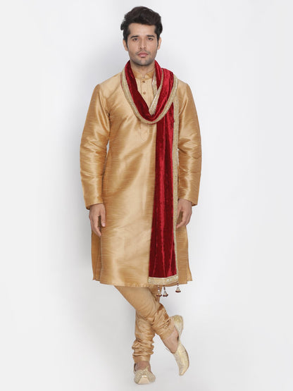 Men's Gold Cotton Silk Blend Kurta, Pyjama &amp; Dupatta Set