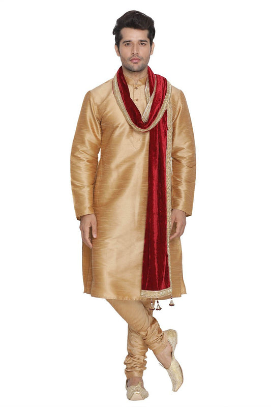 Men's Gold Cotton Silk Blend Kurta, Pyjama &amp; Dupatta Set
