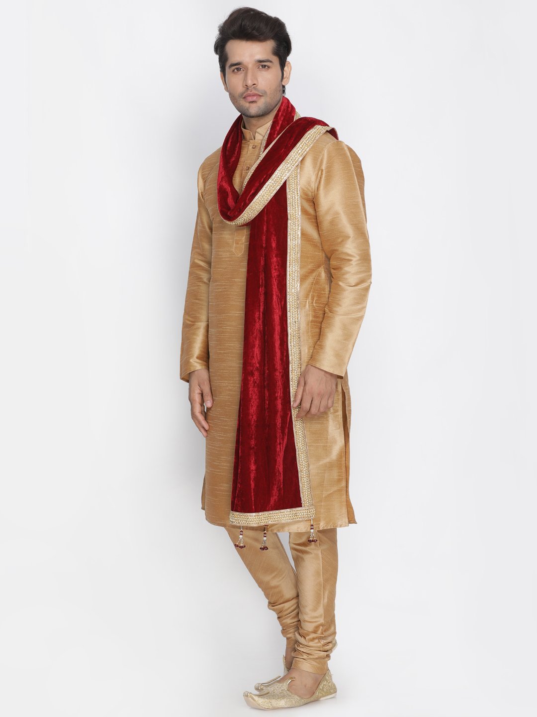 Men's Gold Cotton Silk Blend Kurta, Pyjama &amp; Dupatta Set