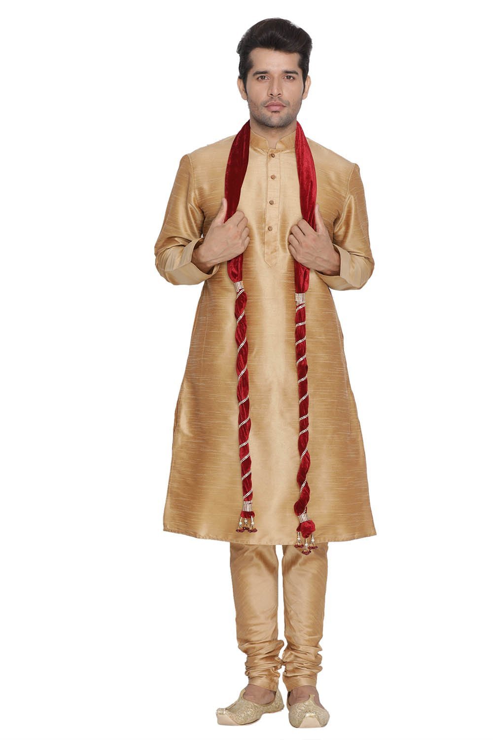 Men's Gold Cotton Silk Blend Kurta, Pyjama &amp; Dupatta Set
