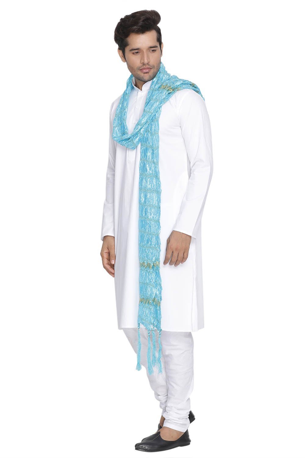 Men's Light Blue Cotton Kurta, Pyjama &amp; Dupatta Set