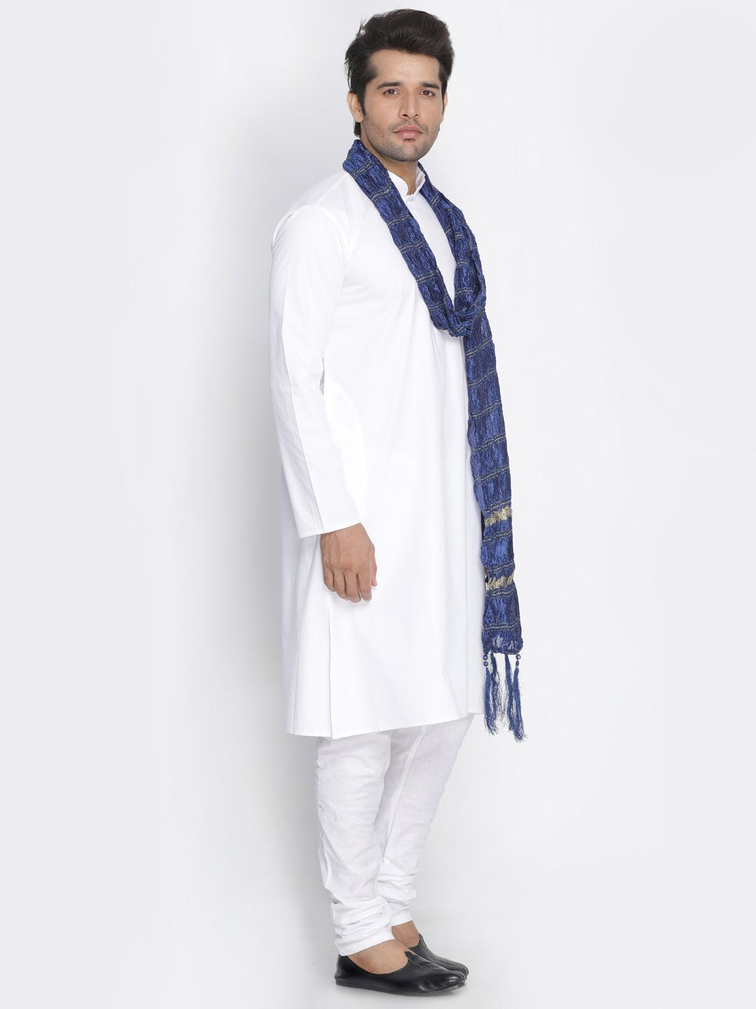 Men's White Cotton Kurta, Pyjama &amp; Dupatta Set