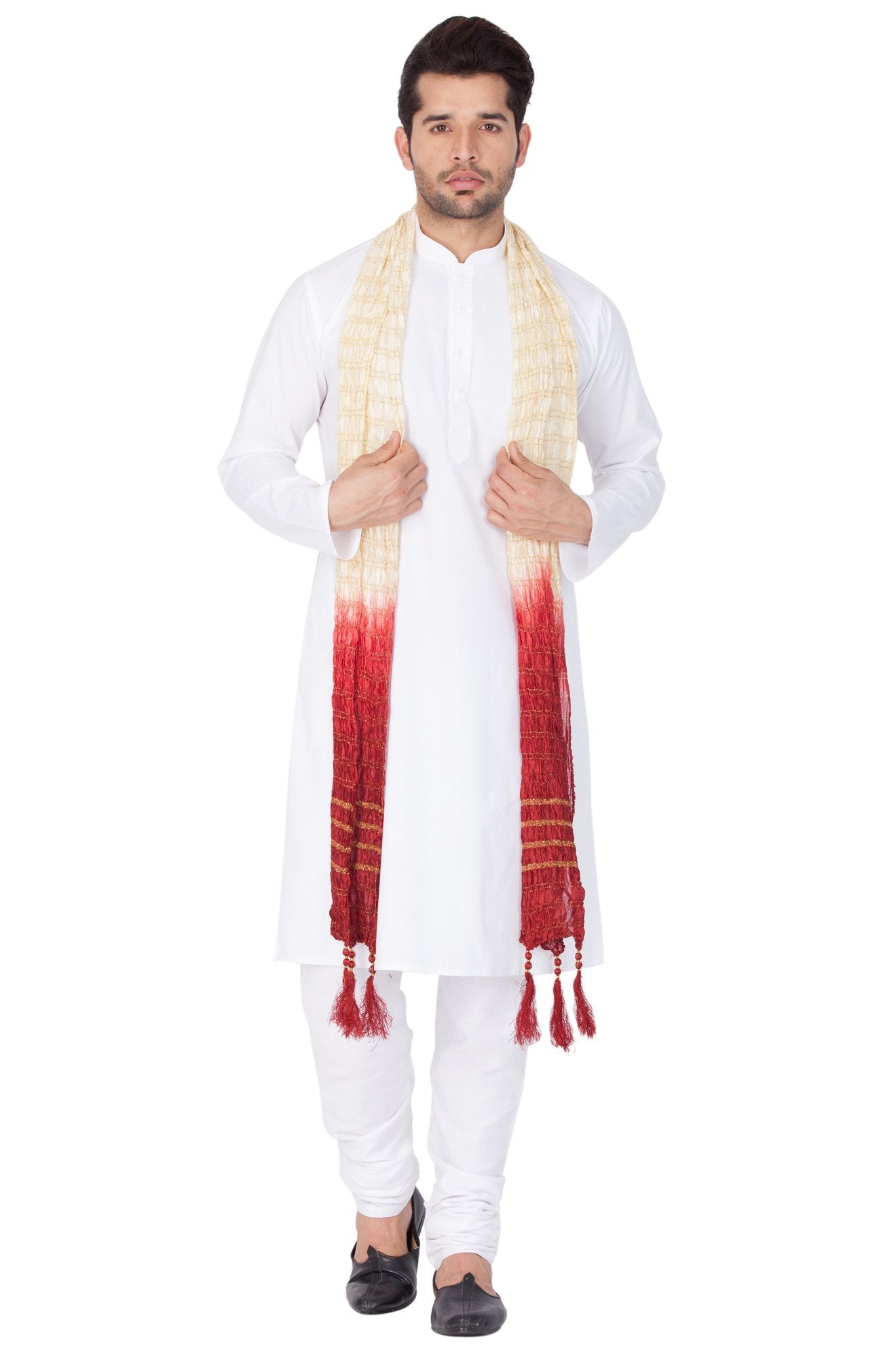 Men's White Cotton Kurta, Pyjama &amp; Dupatta Set