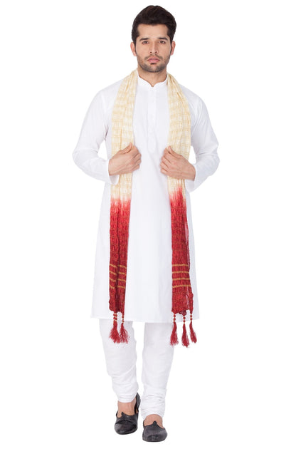 Men's White Cotton Kurta, Pyjama &amp; Dupatta Set