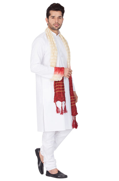 Men's White Cotton Kurta, Pyjama &amp; Dupatta Set