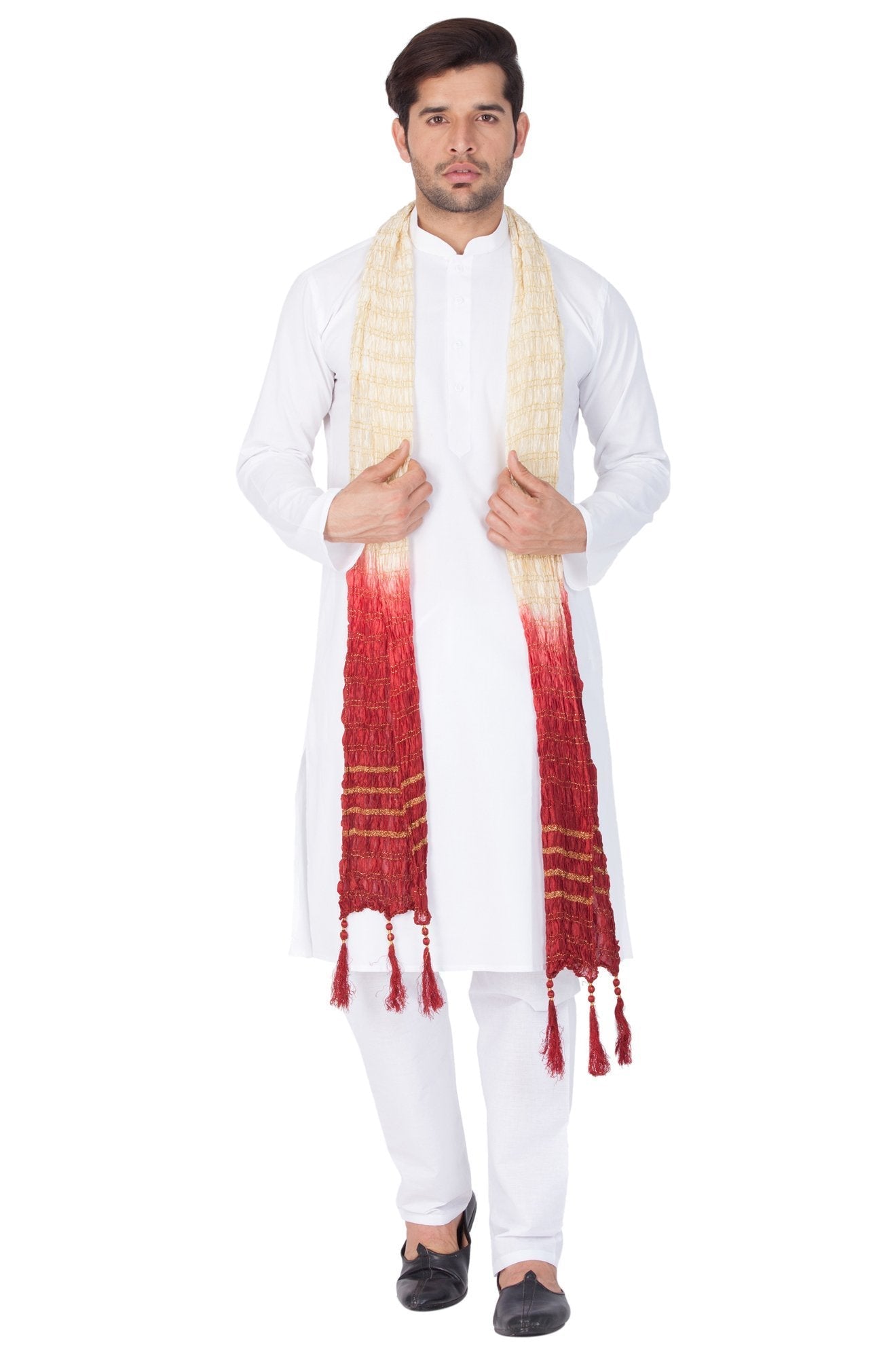 Men's White Cotton Kurta, Pyjama &amp; Dupatta Set