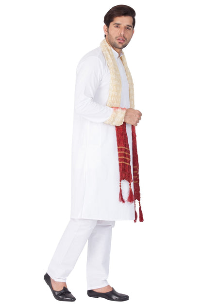 Men's White Cotton Kurta, Pyjama &amp; Dupatta Set