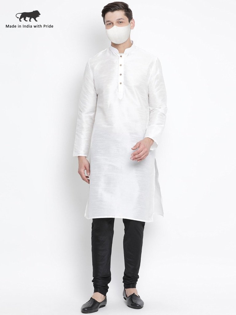 Men's White Cotton Silk Blend Kurta and Pyjama Set
