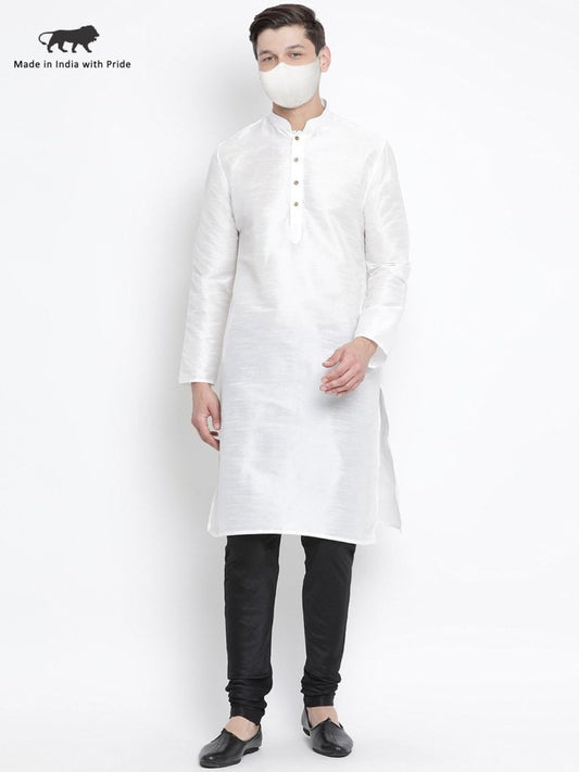 Men's White Cotton Silk Blend Kurta and Pyjama Set