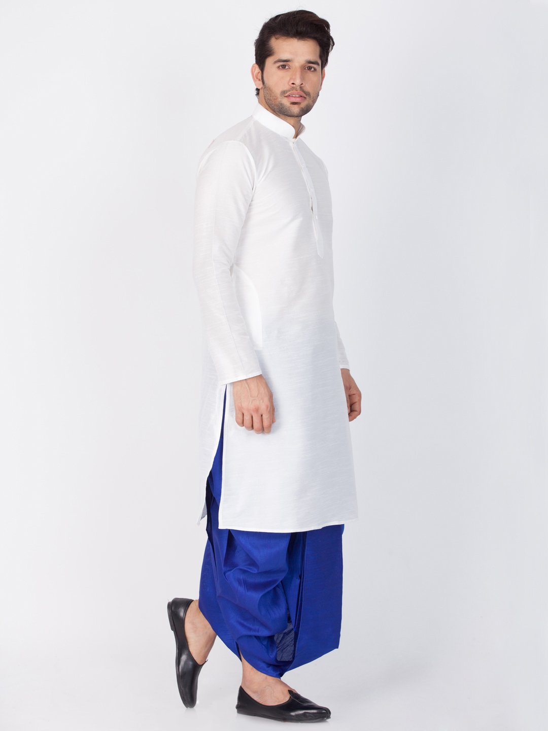 Men's White Cotton Silk Blend Kurta and Dhoti Pant Set