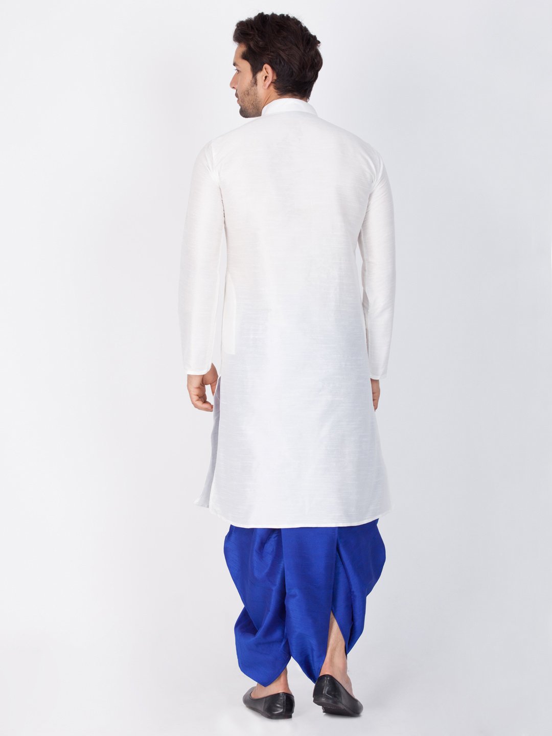Men's White Cotton Silk Blend Kurta and Dhoti Pant Set