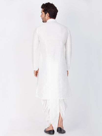 Men's White Cotton Silk Blend Kurta and Dhoti Pant Set