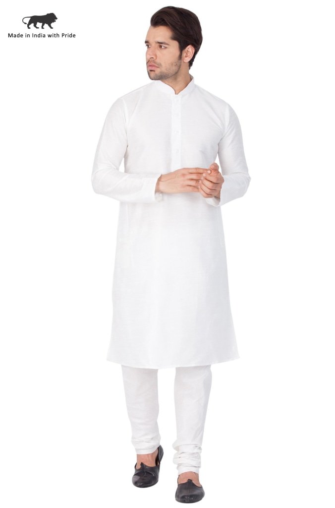Men's White Cotton Silk Blend Kurta and Pyjama Set