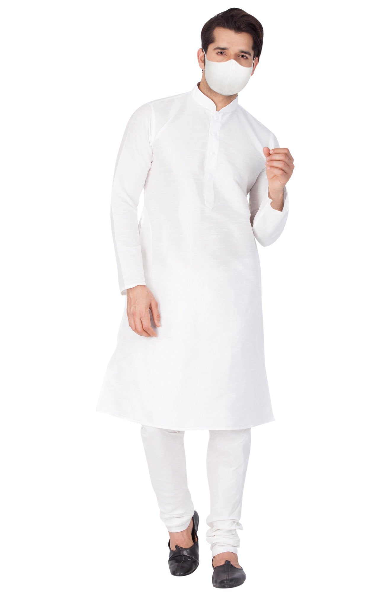 Men's White Cotton Silk Blend Kurta and Dhoti Pant Set