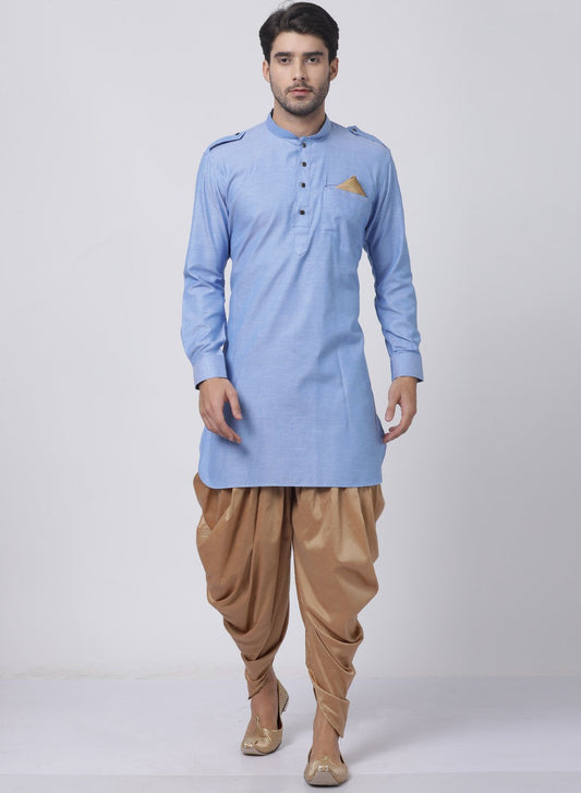 Men's Blue Cotton Blend Kurta and Dhoti Pant Set