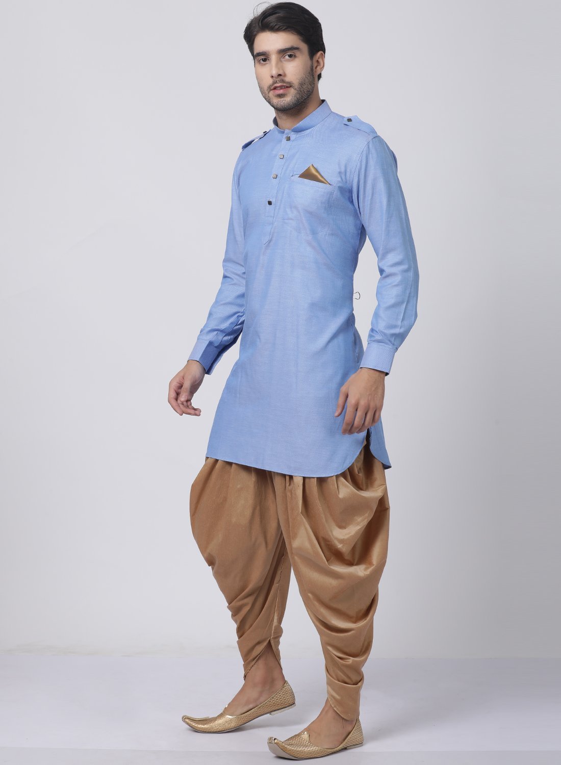 Men's Blue Cotton Blend Kurta and Dhoti Pant Set