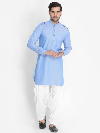 Men's Blue Cotton Blend Kurta and Patiala Set